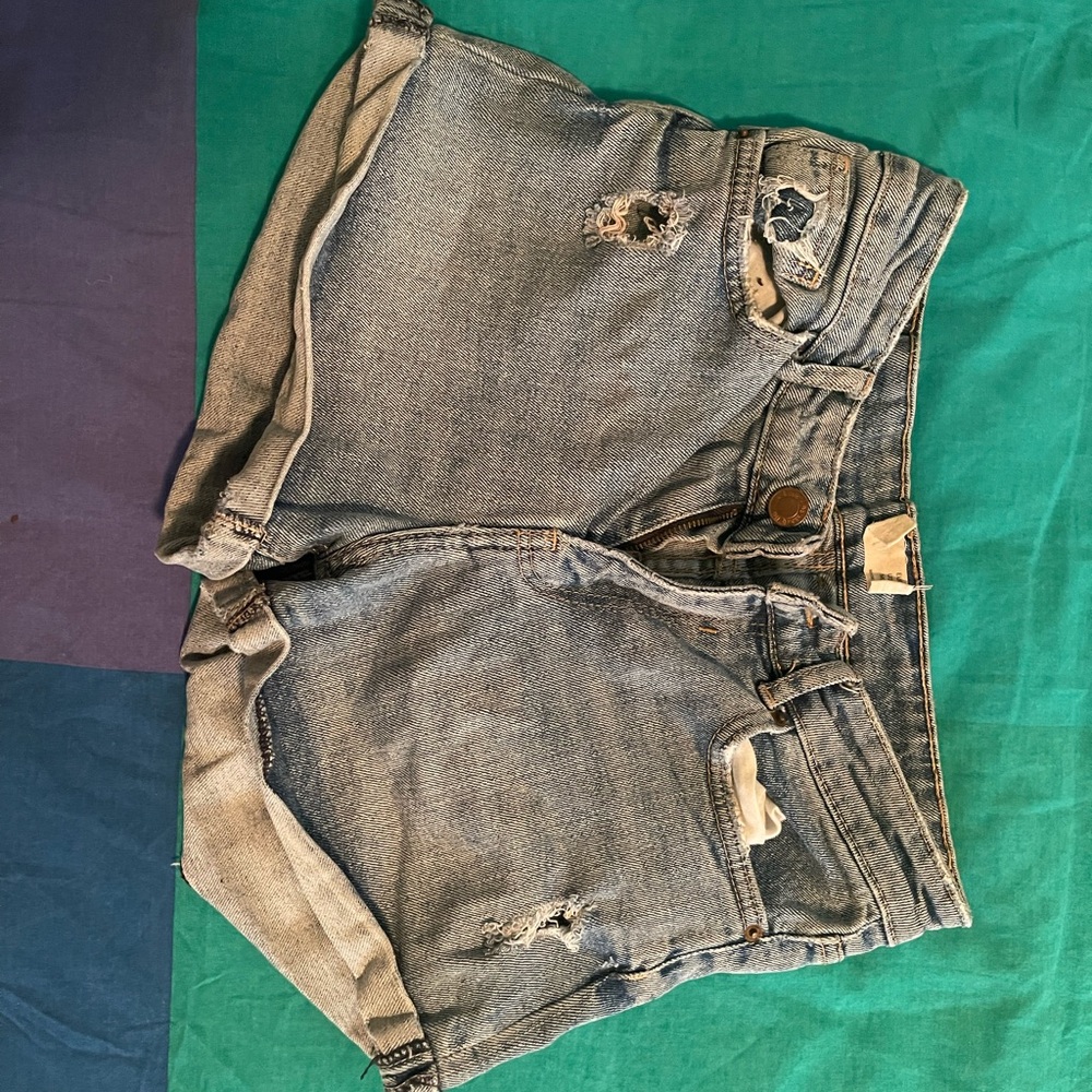 Bershka Blue Jean Shorts Distressed Cutoff Style